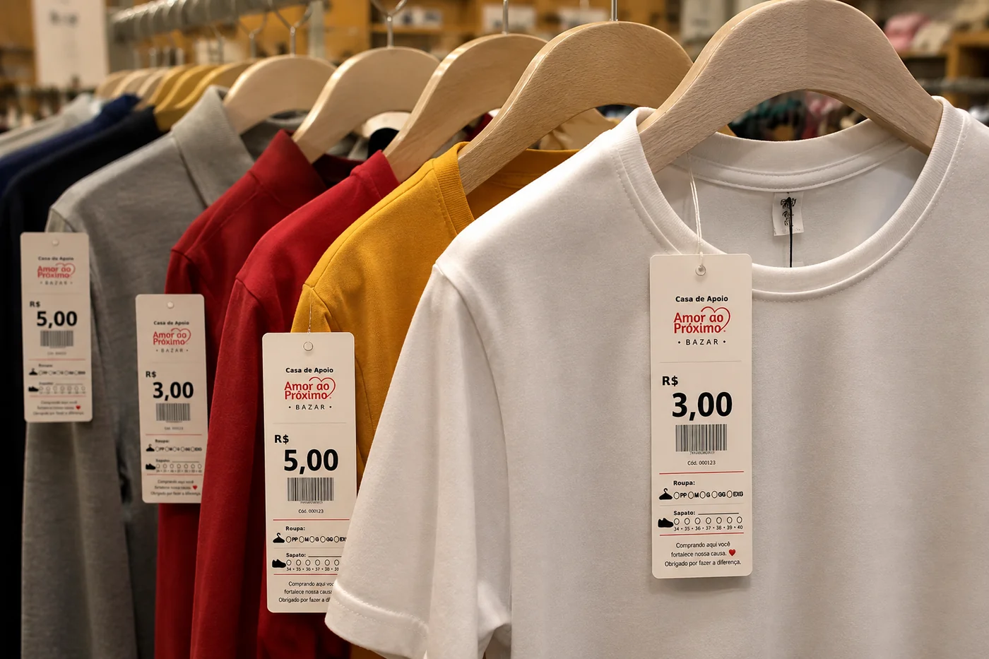 Peças de roupa em cabides no Bazar da Casa Amor ao Próximo