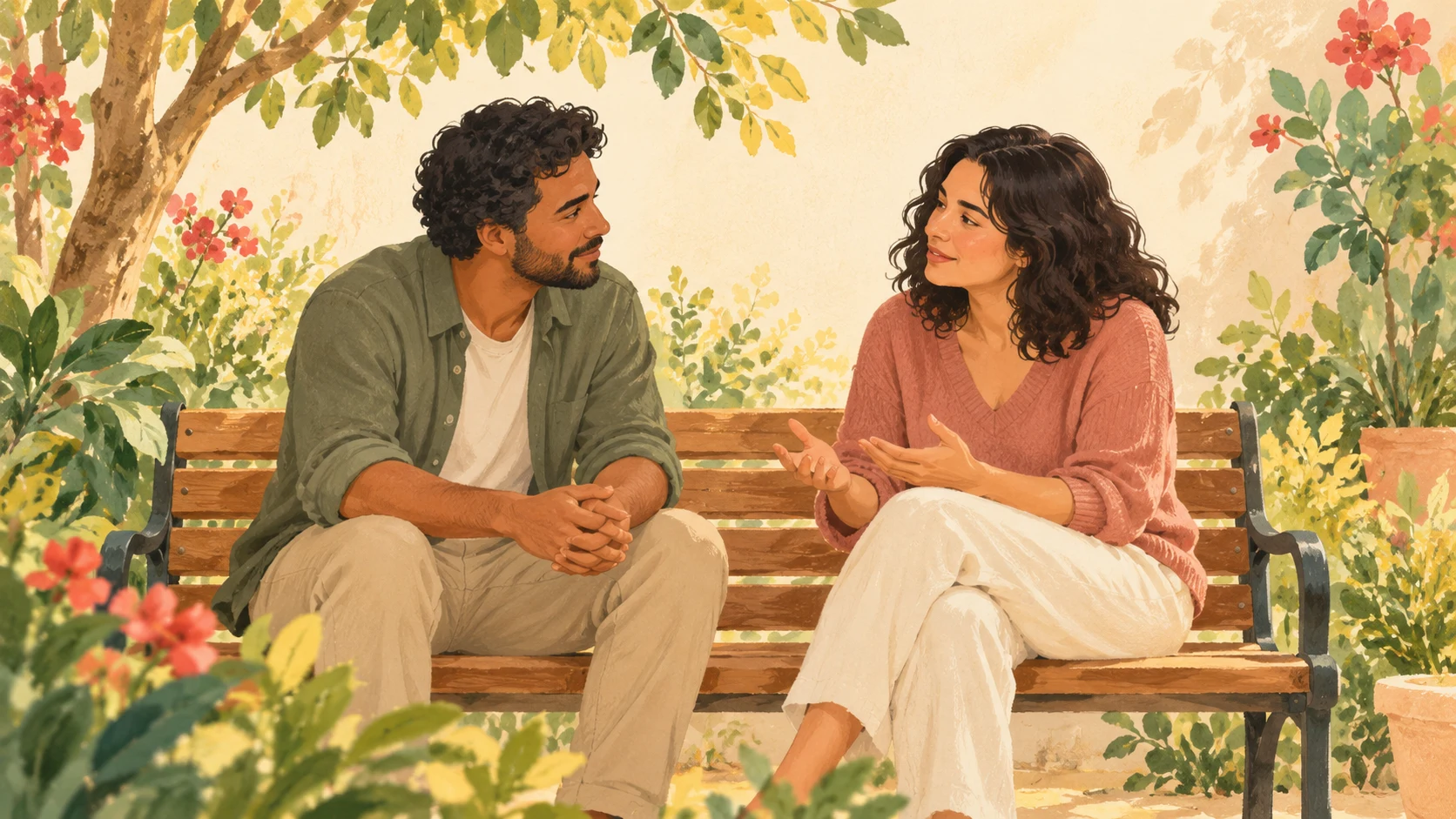 Ilustração de duas pessoas conversando com atenção em um jardim.