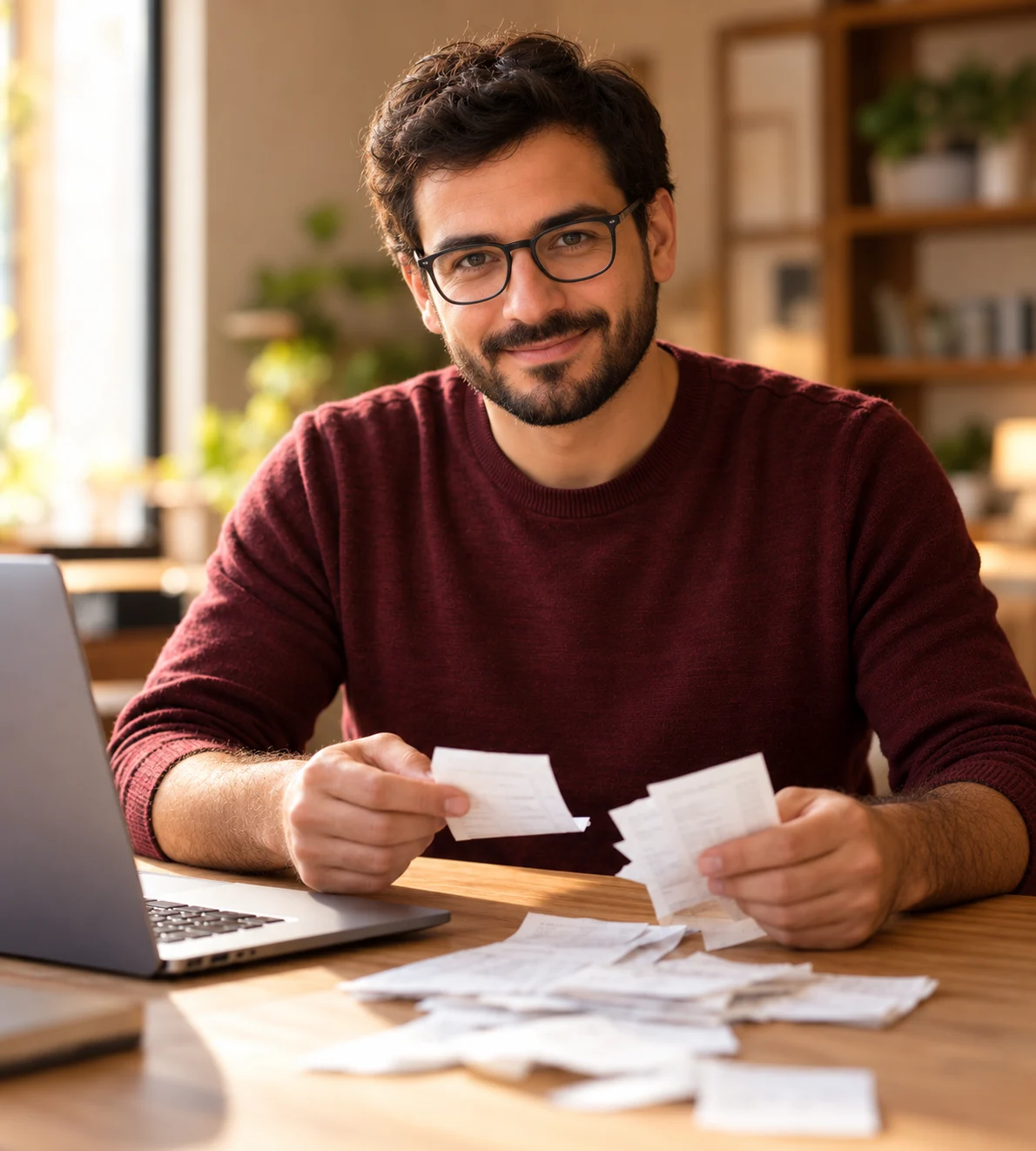 Voluntário sorrindo durante a organização de notas fiscais