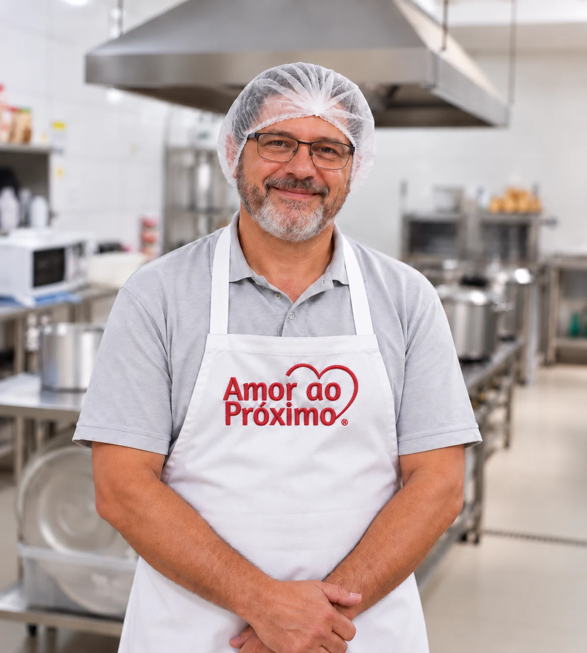 Retrato ilustrativo de voluntário sorrindo na cozinha, com a marca bordada no avental